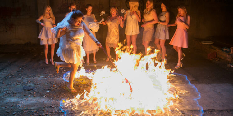 Russia, Vladivostok July 23, 2017. Celebrating Maria"s official divorce, with a burning wedding dress with her friends.