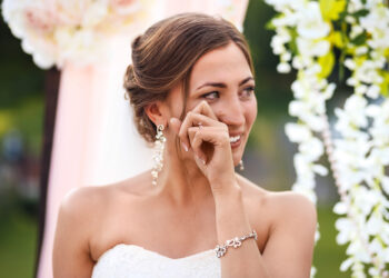 Beautiful sexy bride in white dress weeps. tears of happiness on the wedding day.