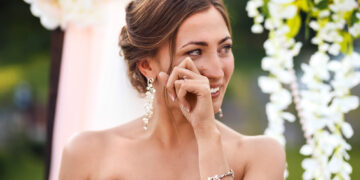 Beautiful sexy bride in white dress weeps. tears of happiness on the wedding day.